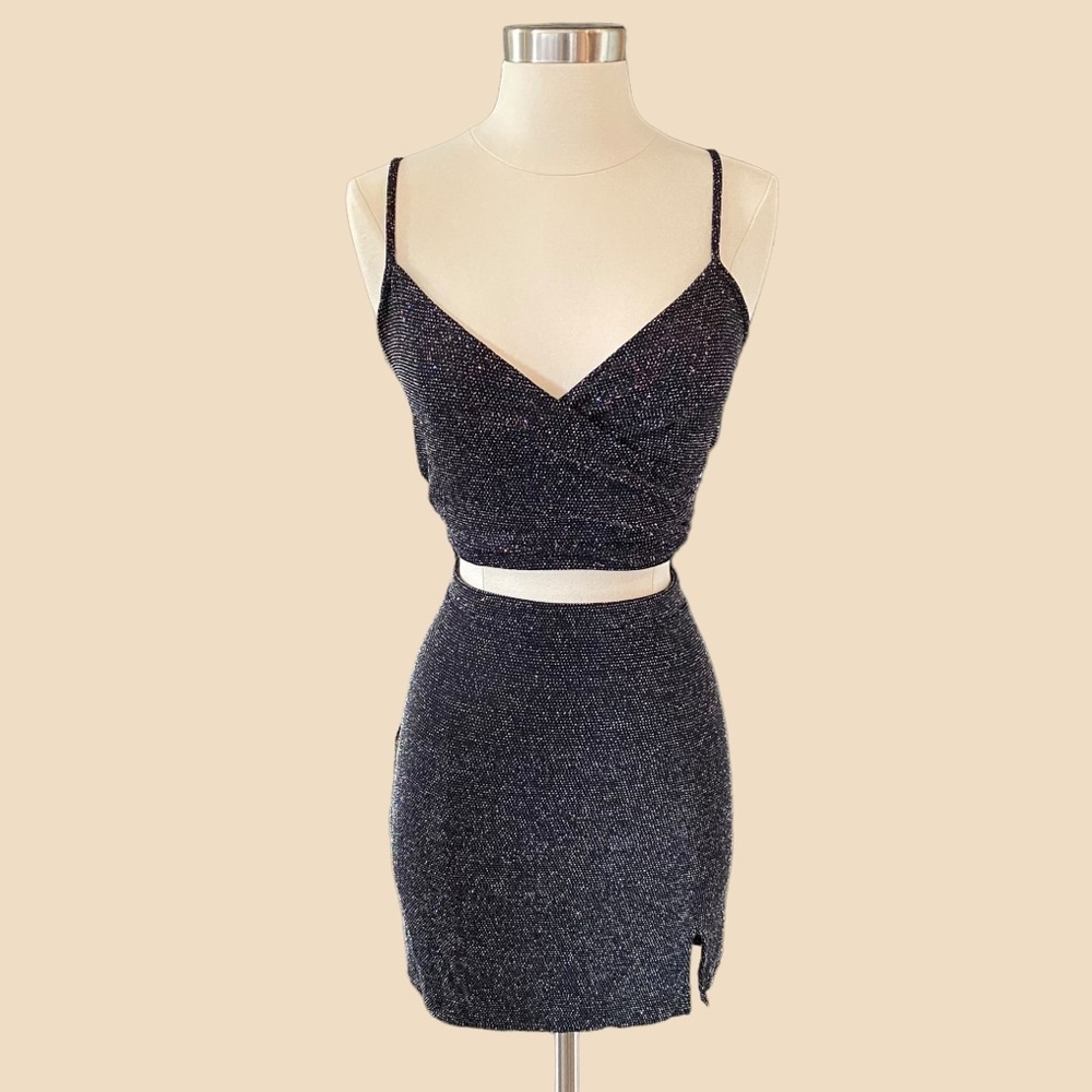 BP Metallic Sparkle V Neck Crop Top and Mini Skirt Two Piece Set
